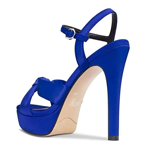 Aachcol Women Sandals Platform Peep Open Toe Ankle Strap Slingback Stiletto High Heel Dress Shoes Pumps Wedding Satin Blue 5 Inch