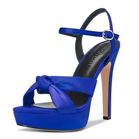 Aachcol Women Sandals Platform Peep Open Toe Ankle Strap Slingback Stiletto High Heel Dress Shoes Pumps Wedding Satin Blue 5 Inch