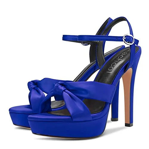 Aachcol Women Sandals Platform Peep Open Toe Ankle Strap Slingback Stiletto High Heel Dress Shoes Pumps Wedding Satin Blue 5 Inch