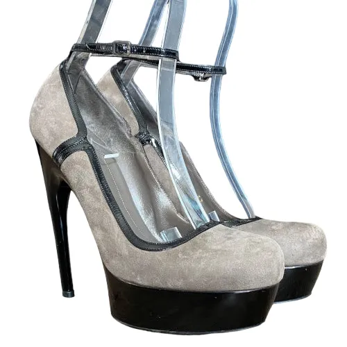 ALEXANDER MCQUEEN Gray Suede Ankle Strap Platform Horn Heel Pumps, Size 37
