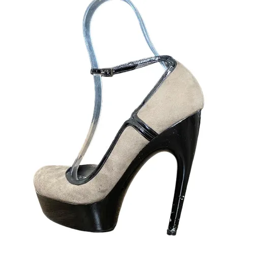 ALEXANDER MCQUEEN Gray Suede Ankle Strap Platform Horn Heel Pumps, Size 37
