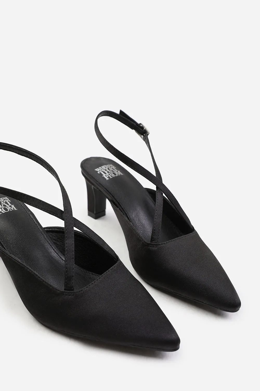 AUSTEN WIDE FIT POINTED TOE LOW BLOCK HEEL WITH CROSS OVER ANKLE STRAP IN BLACK SATIN