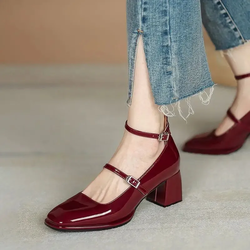 binfenxie Red Mary Jane Shoes Heels Women's Shoes Mary Jane 2024 Spring Summer New Thick-heeled High-heeled Retro Square Toe Pumps
