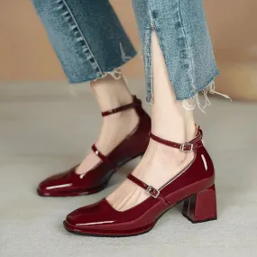 binfenxie Red Mary Jane Shoes Heels Women's Shoes Mary Jane 2024 Spring Summer New Thick-heeled High-heeled Retro Square Toe Pumps