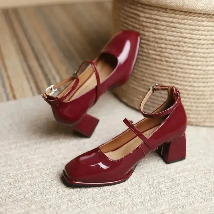 binfenxie Red Mary Jane Shoes Heels Women's Shoes Mary Jane 2024 Spring Summer New Thick-heeled High-heeled Retro Square Toe Pumps