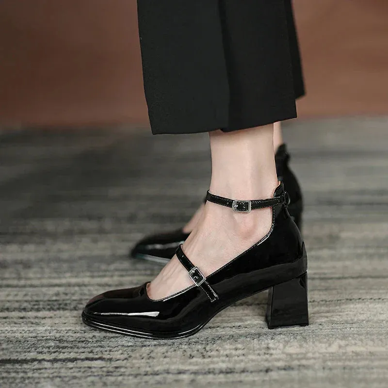 binfenxie Red Mary Jane Shoes Heels Women's Shoes Mary Jane 2024 Spring Summer New Thick-heeled High-heeled Retro Square Toe Pumps