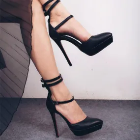 Black Leather Platform Buckle Close Toe Pumps