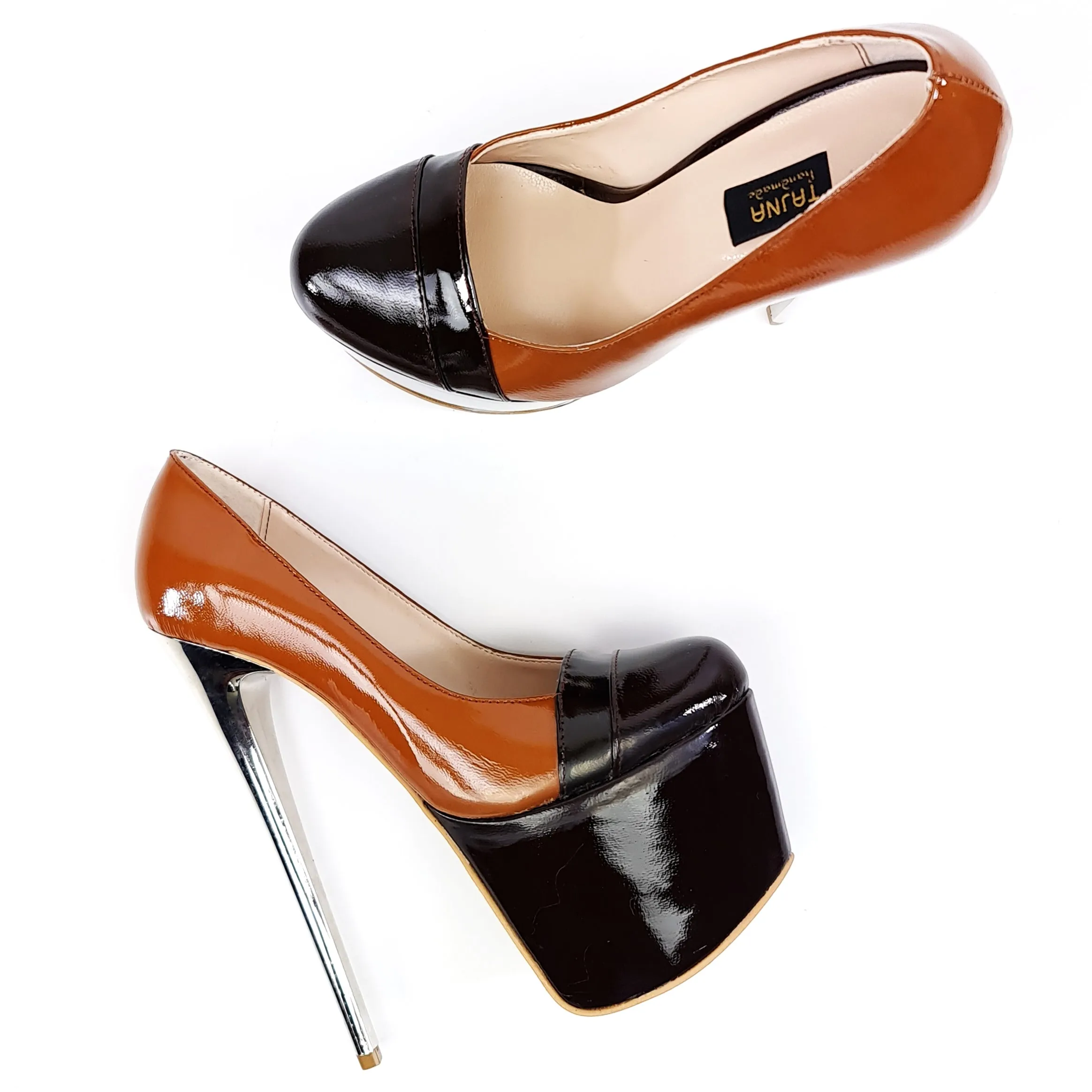 Double Brown Gloss Metallic Heel Pumps