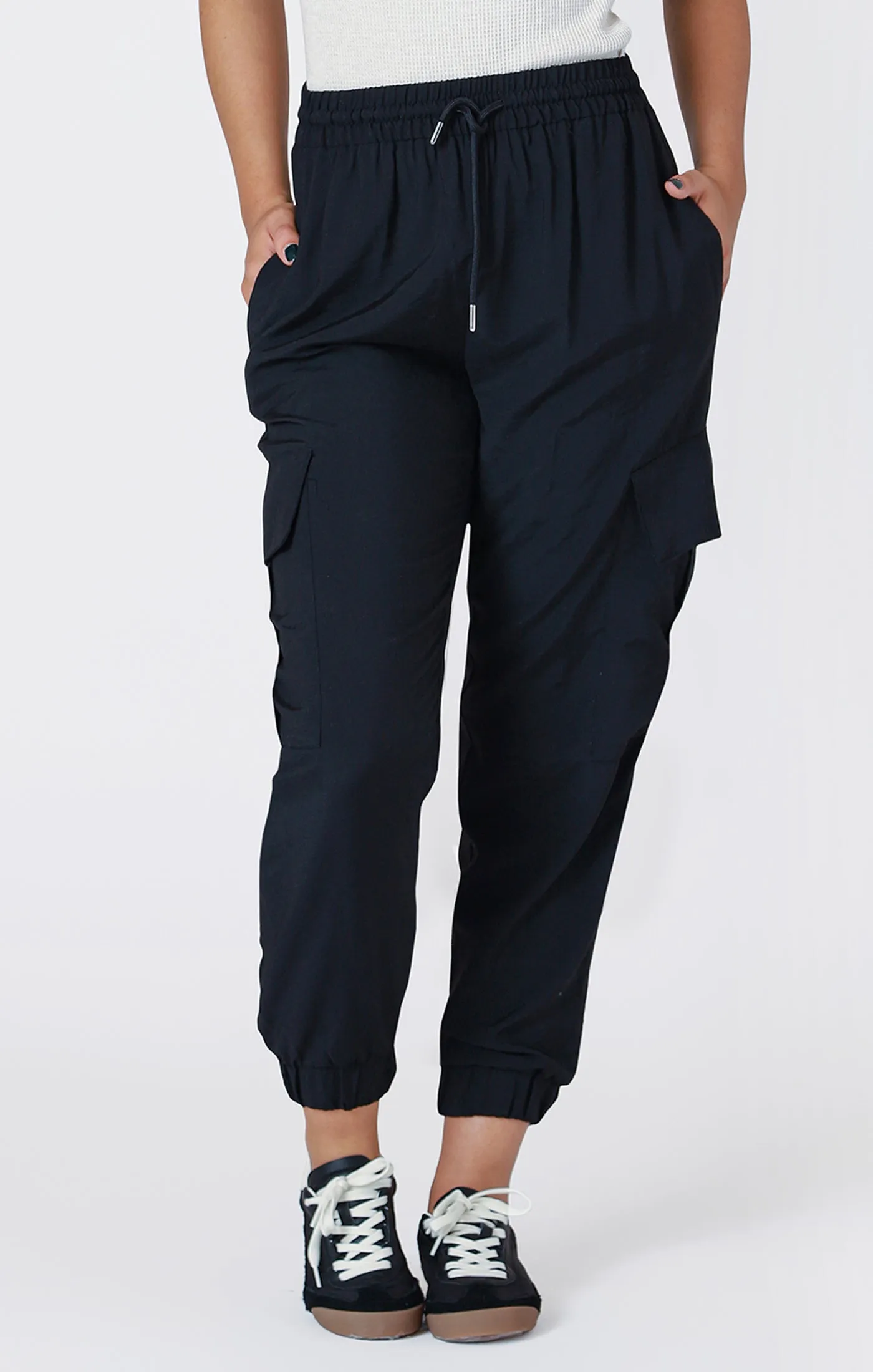 Elastic Waist Cargo Pants - Black