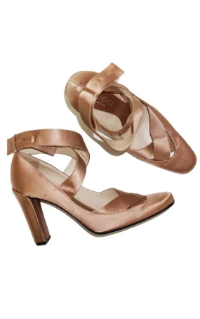GUCCI Satin Powder Pink Ballerina Strappy Heeled Pumps