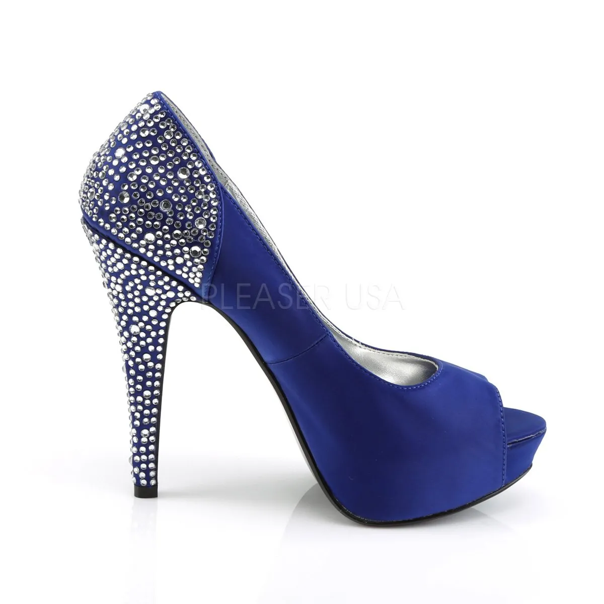 Hidden Platform Peep Toe Pump with Rhinestones on 5-inch Heel Red or Blue