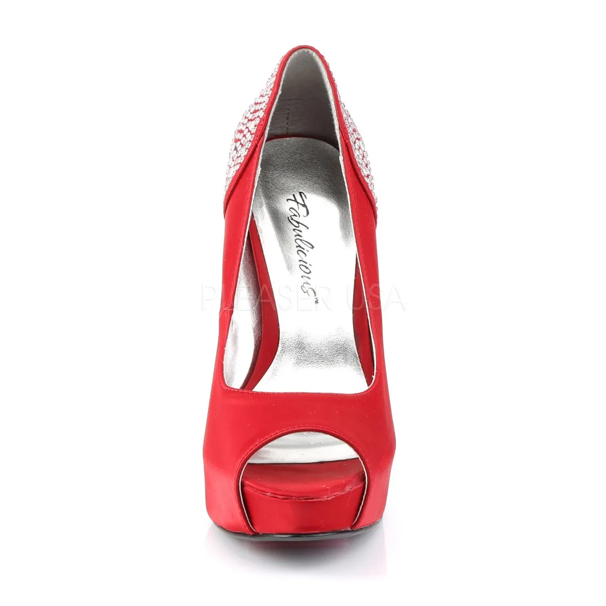 Hidden Platform Peep Toe Pump with Rhinestones on 5-inch Heel Red or Blue
