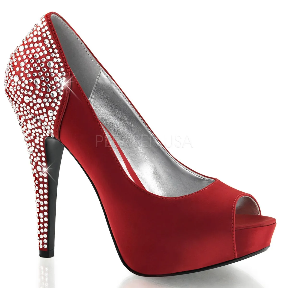 Hidden Platform Peep Toe Pump with Rhinestones on 5-inch Heel Red or Blue