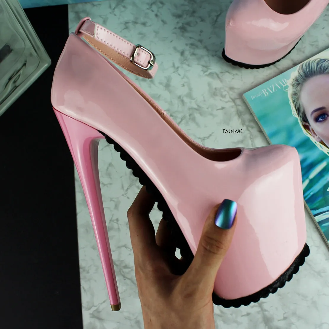 Light Pink Serrated Sole Ankle Strap Heels
