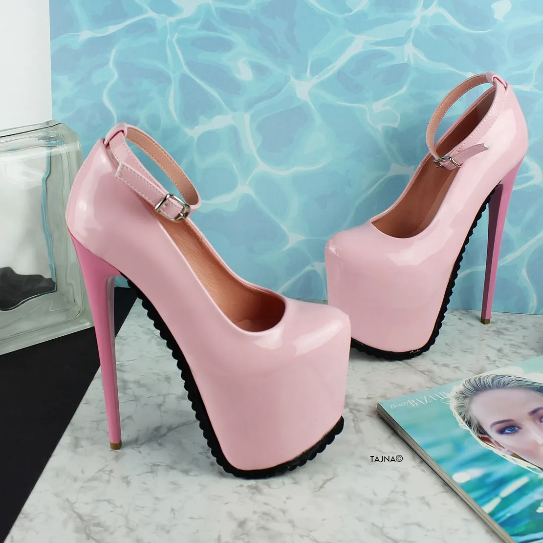Light Pink Serrated Sole Ankle Strap Heels