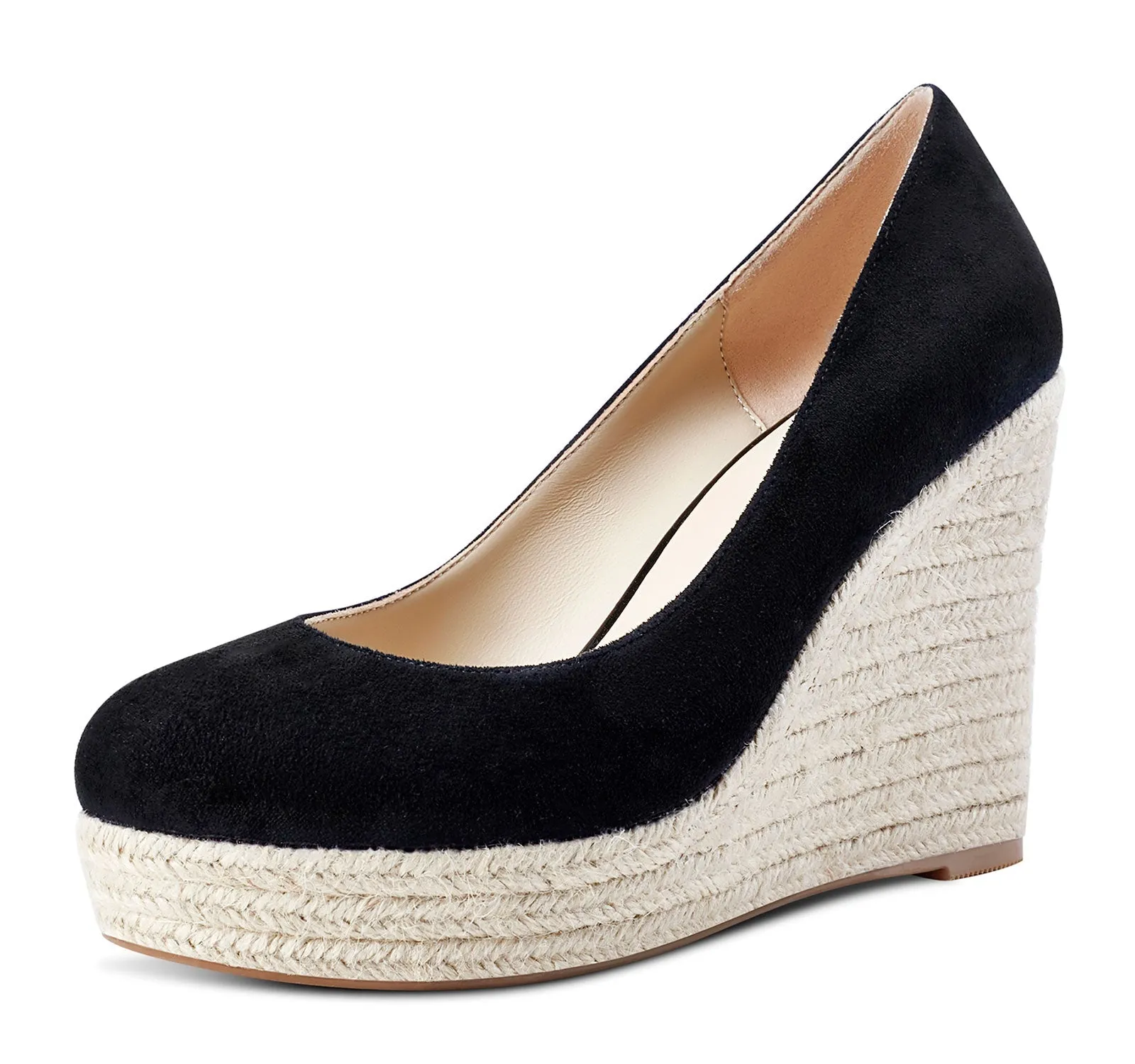 NobleOnly Womens High Heels Platform Wedge Pumps Comfortable Leather Lining Slip-on Office Suede Shoes 10CM Heel