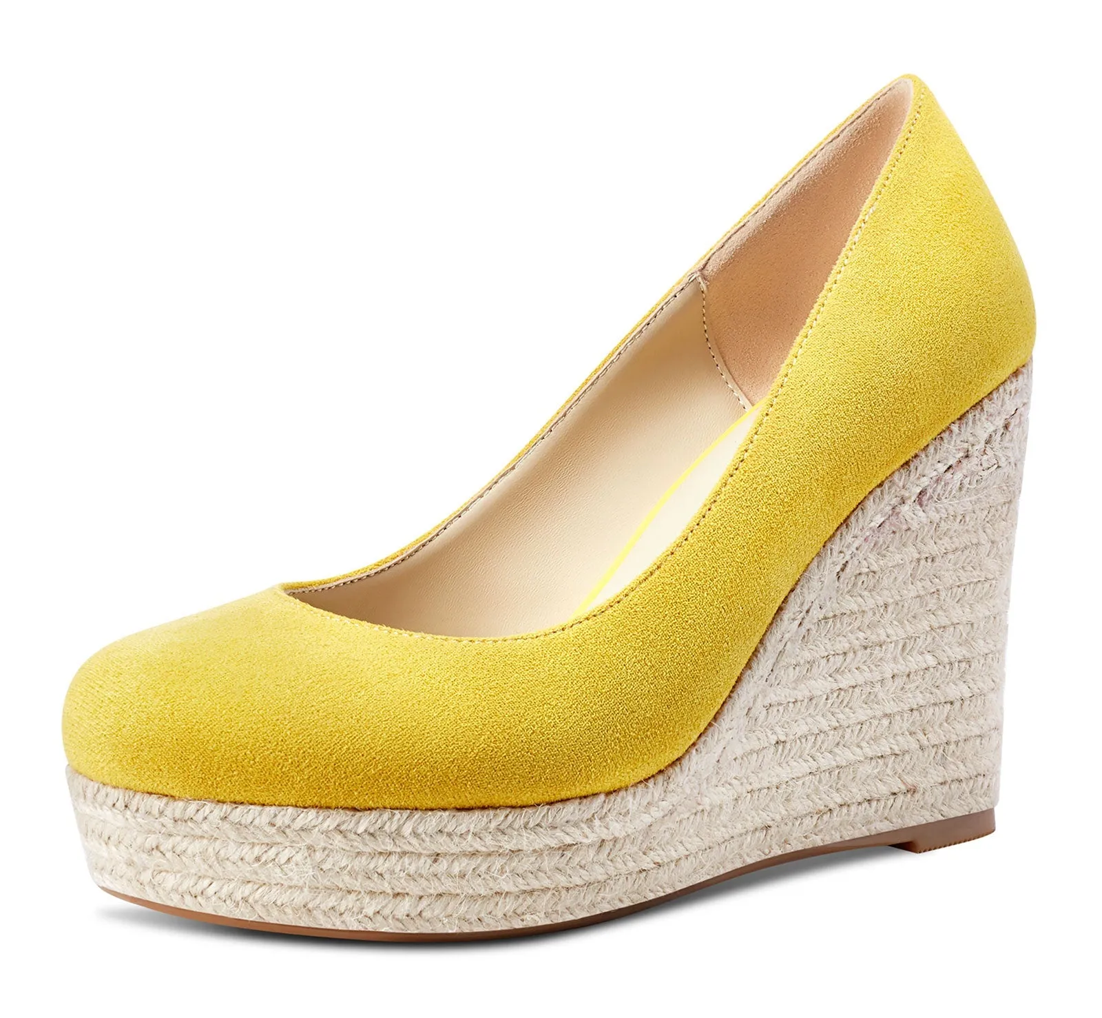 NobleOnly Womens High Heels Platform Wedge Pumps Comfortable Leather Lining Slip-on Office Suede Shoes 10CM Heel