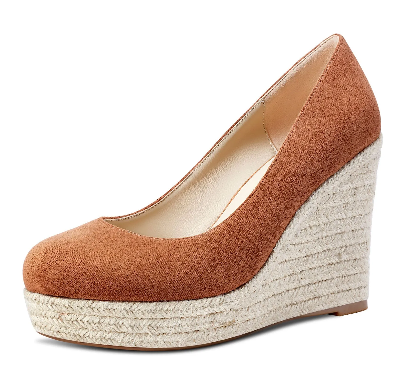 NobleOnly Womens High Heels Platform Wedge Pumps Comfortable Leather Lining Slip-on Office Suede Shoes 10CM Heel