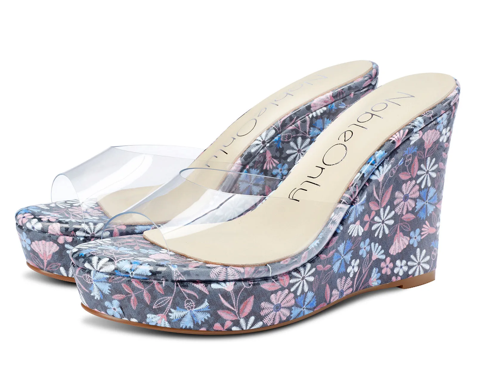 NobleOnly Womens High Heels Platform Wedge Sandals Clear Transparent Comfortable Slippers Leather Lining Slip-on Office Colorfull Shoes 10CM Heel