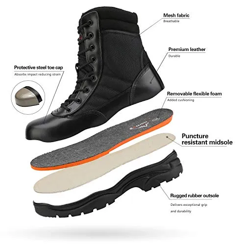 NORTIV 8 Steel Toe Boots for Men Safety Industrial & Construction Military Work Boots Slip Resistant ASTM F2413-18 Black Size 7 M US Trooper-Steel