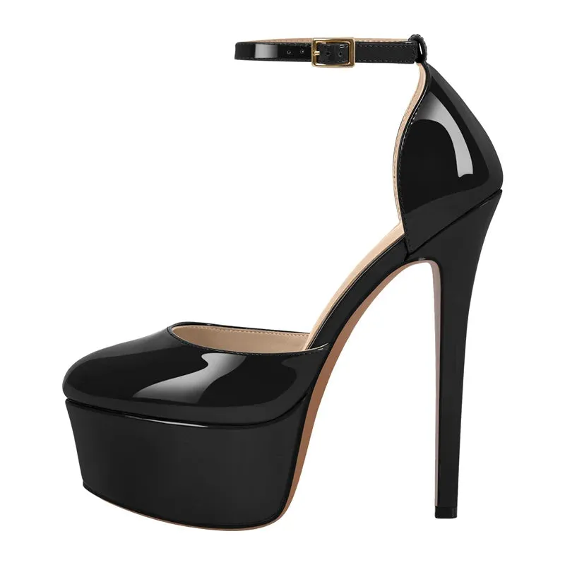 Platform Pumps Round Toe Ankle Strap Thin High Heel Shoes