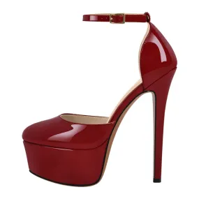 Platform Pumps Round Toe Ankle Strap Thin High Heel Shoes