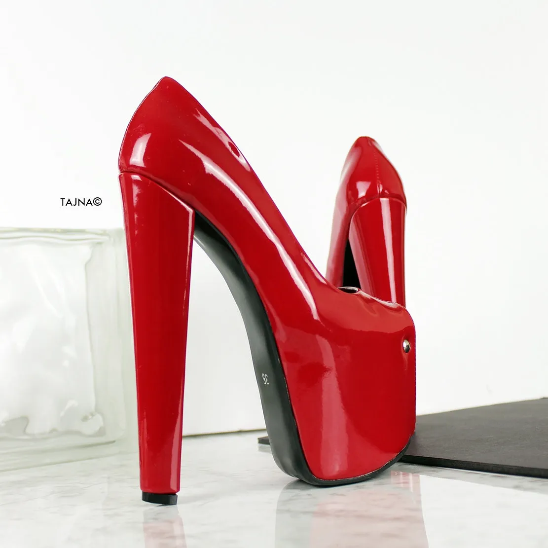 Red Patent Peep Toe Chunky High Heels