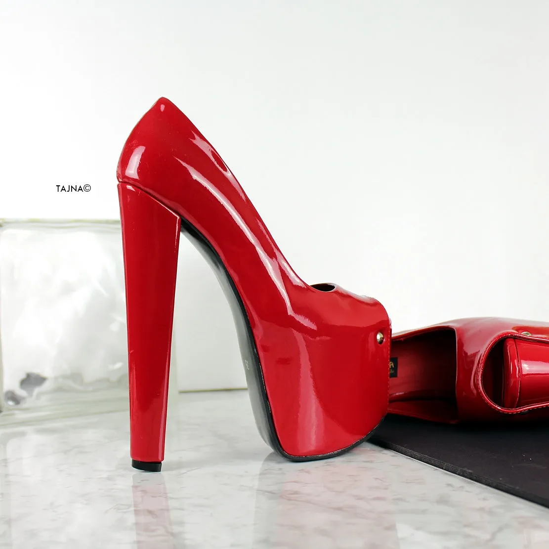 Red Patent Peep Toe Chunky High Heels