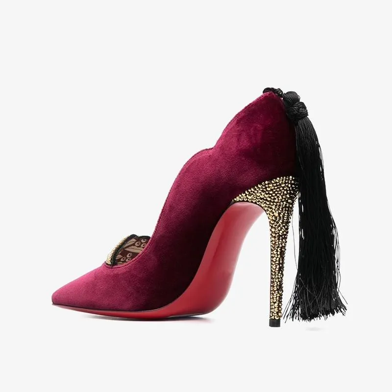 Red Trim Velvet Tassel Pumps