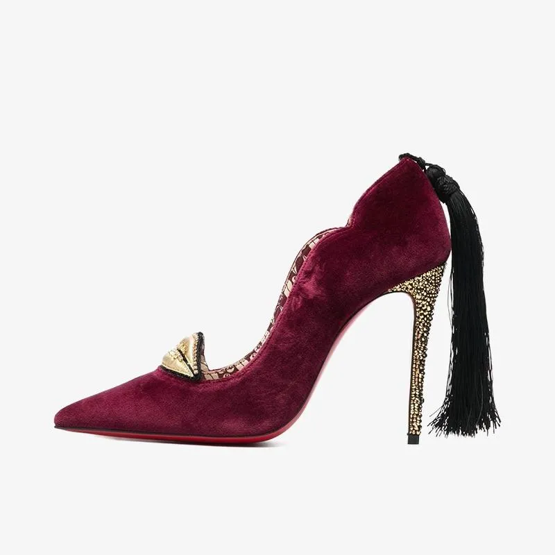 Red Trim Velvet Tassel Pumps