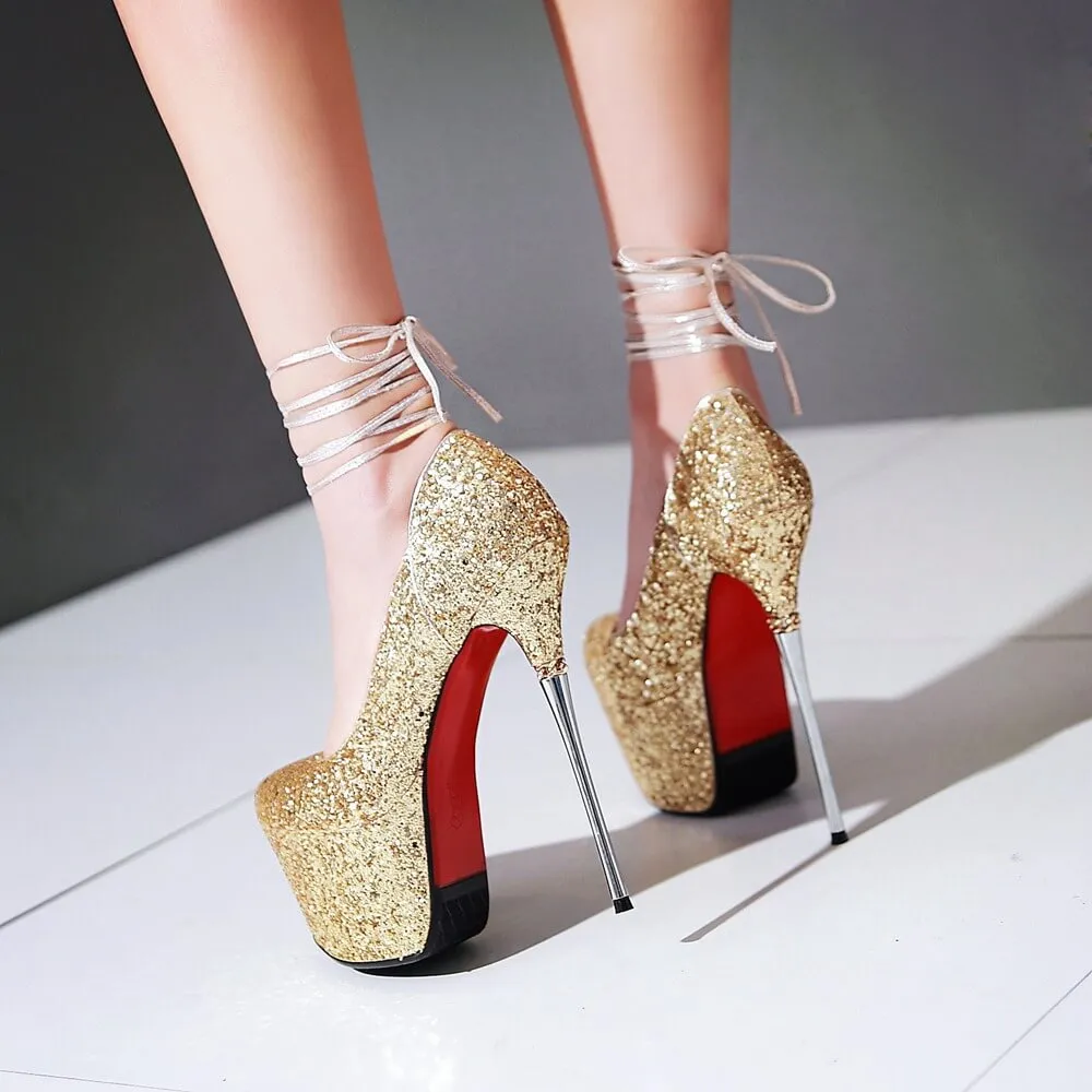 Sequin Platform Strap Pumps