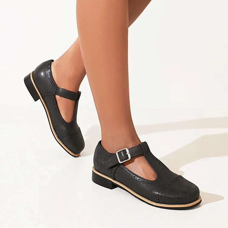 Shallow Mouth T Strap Buckle Block Heel Women's Pumps