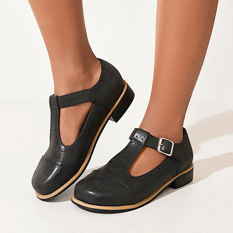 Shallow Mouth T Strap Buckle Block Heel Women's Pumps