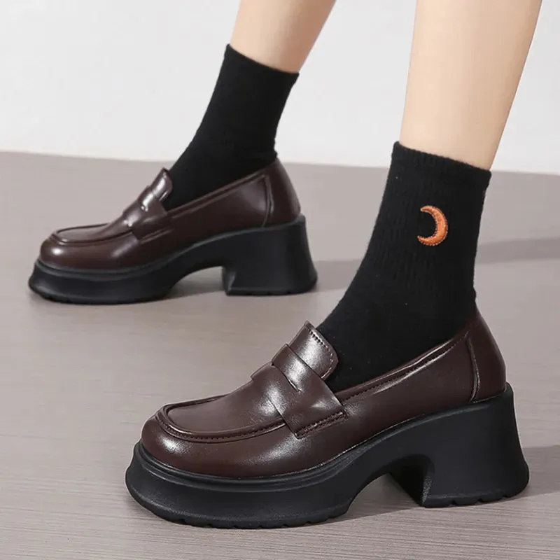 Sohiwoo Pu Leather Platform Loafers Woman 2023 British Style Thick Heels Oxfords Shoes Women Slip On College Gothic Shoes Mujer