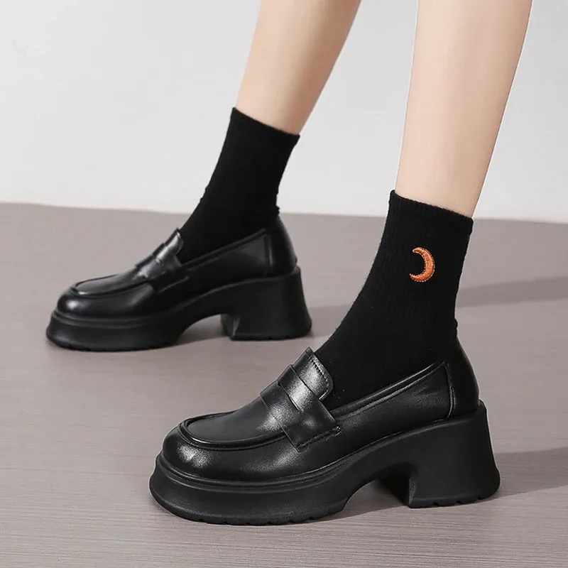 Sohiwoo Pu Leather Platform Loafers Woman 2023 British Style Thick Heels Oxfords Shoes Women Slip On College Gothic Shoes Mujer