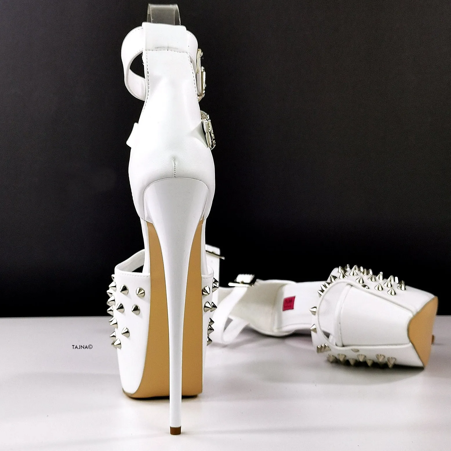 Spike Studded White Double Belted Heels