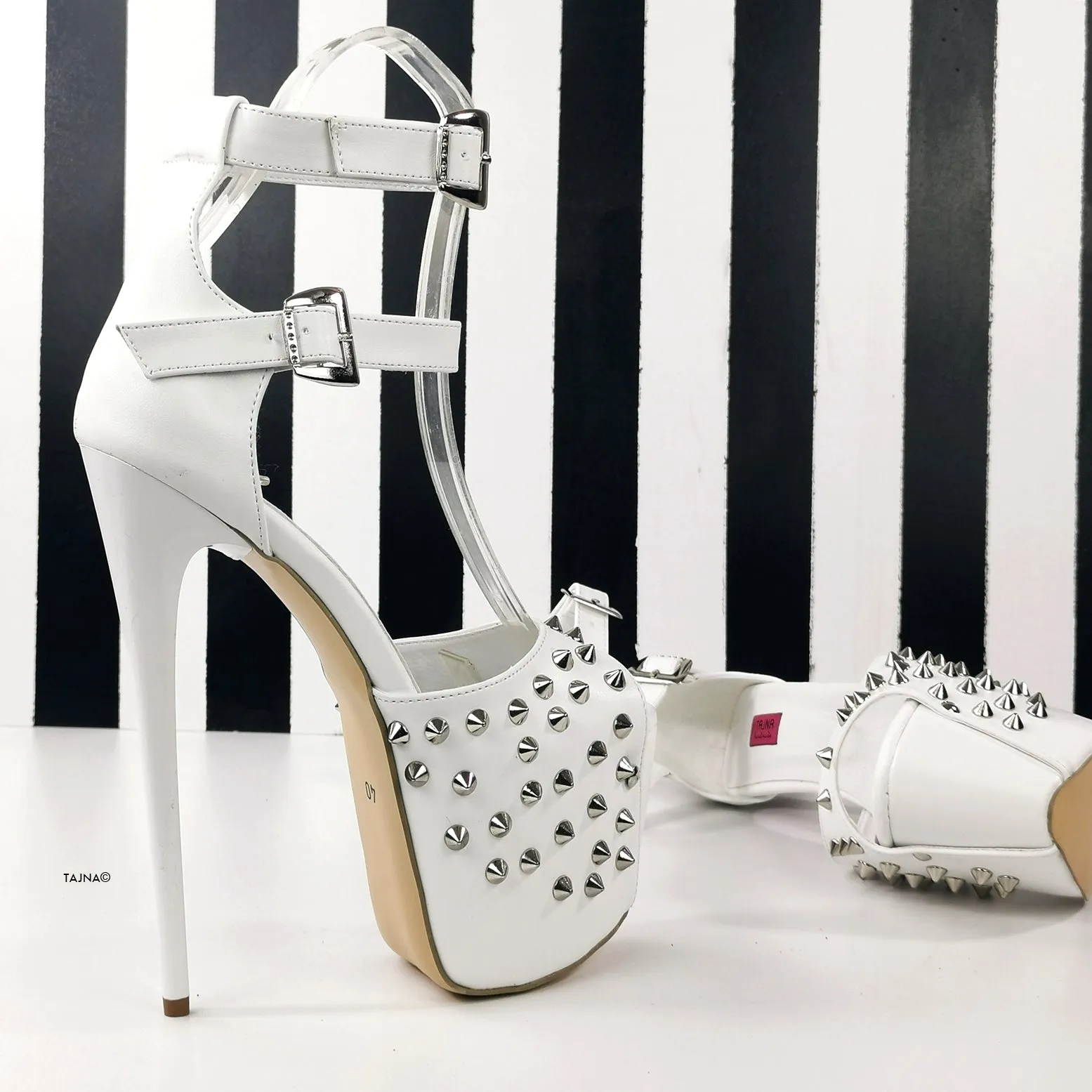 Spike Studded White Double Belted Heels