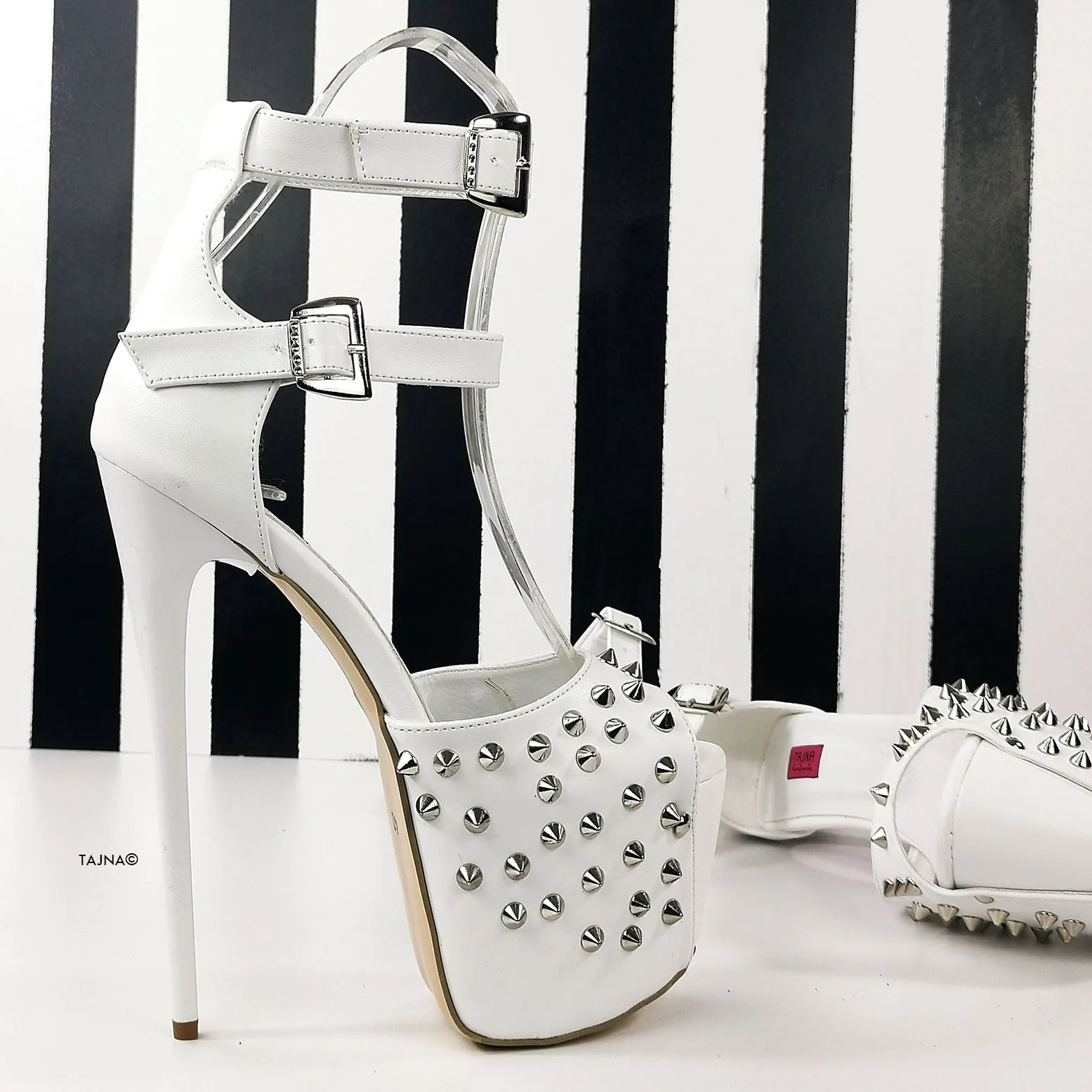 Spike Studded White Double Belted Heels