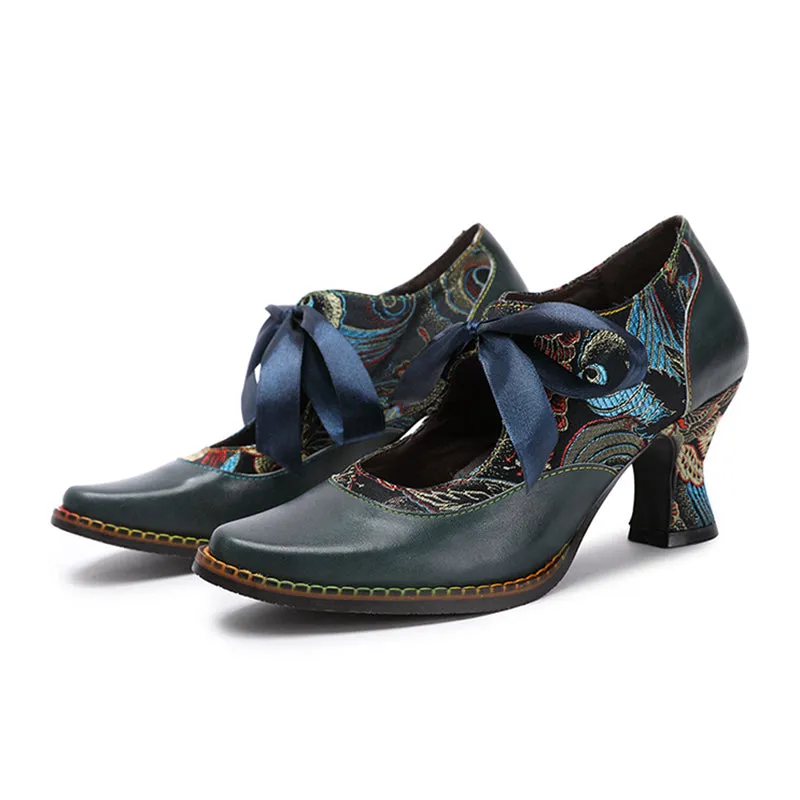 Vintage ethnic floral pumps ribbon lace-up dress heels
