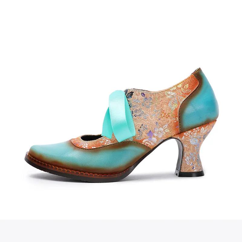 Vintage ethnic floral pumps ribbon lace-up dress heels