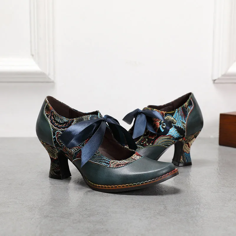 Vintage ethnic floral pumps ribbon lace-up dress heels