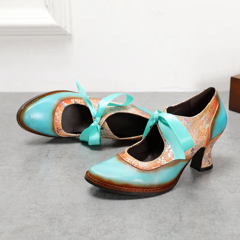 Vintage ethnic floral pumps ribbon lace-up dress heels