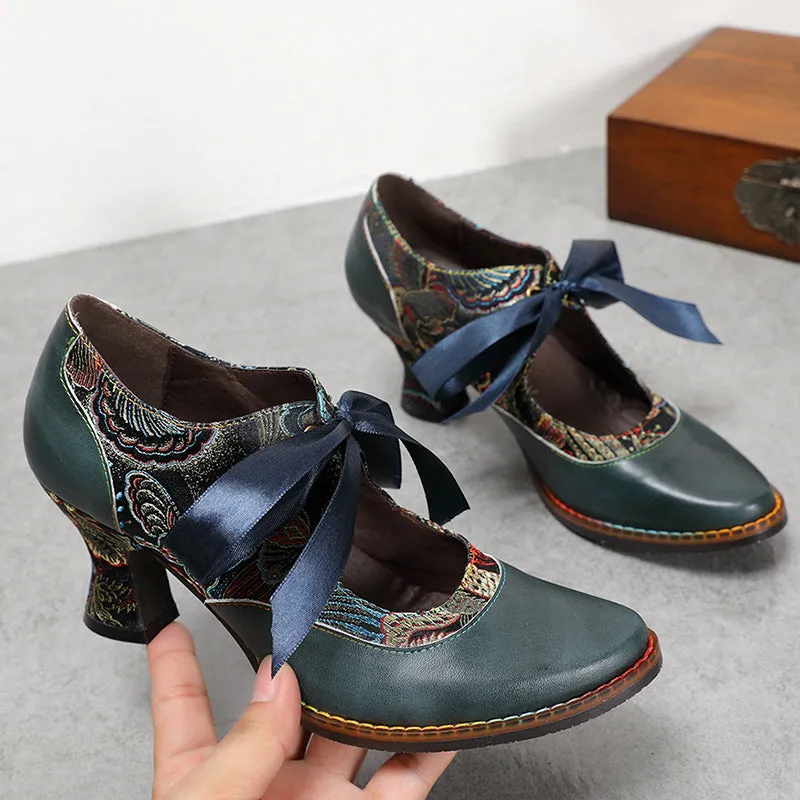Vintage ethnic floral pumps ribbon lace-up dress heels