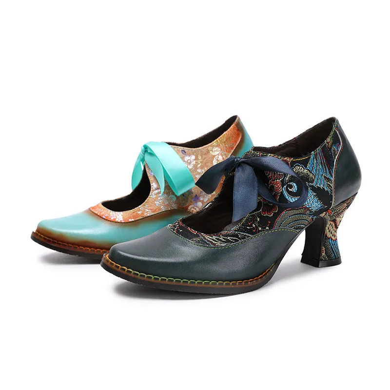 Vintage ethnic floral pumps ribbon lace-up dress heels