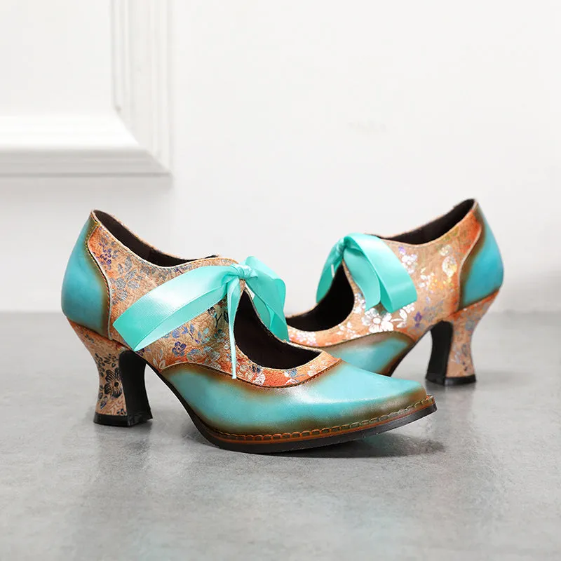 Vintage ethnic floral pumps ribbon lace-up dress heels