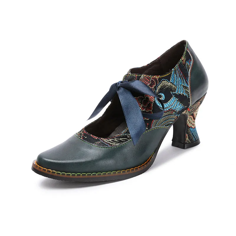 Vintage ethnic floral pumps ribbon lace-up dress heels