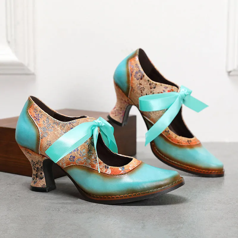 Vintage ethnic floral pumps ribbon lace-up dress heels