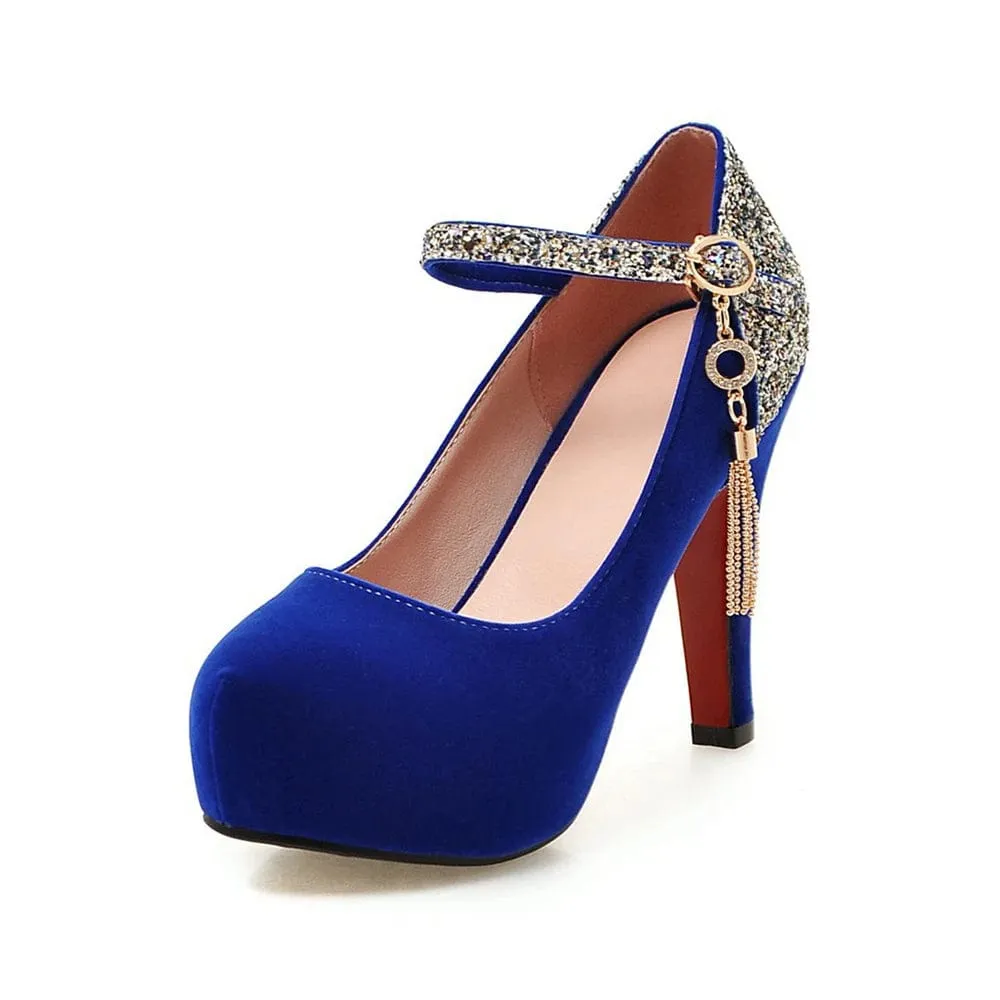 Women Bling Tassel High Heels Velvet  Platform Bottom Pumps  Dress