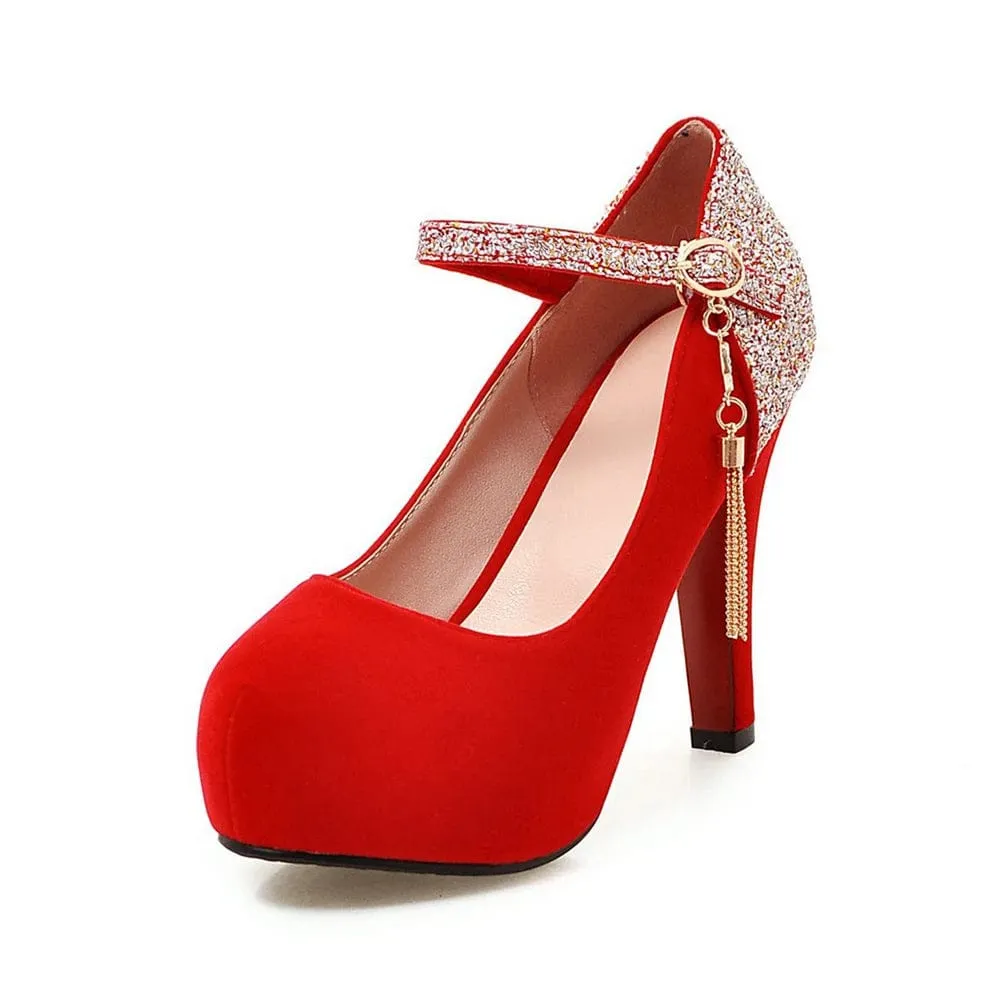 Women Bling Tassel High Heels Velvet  Platform Bottom Pumps  Dress