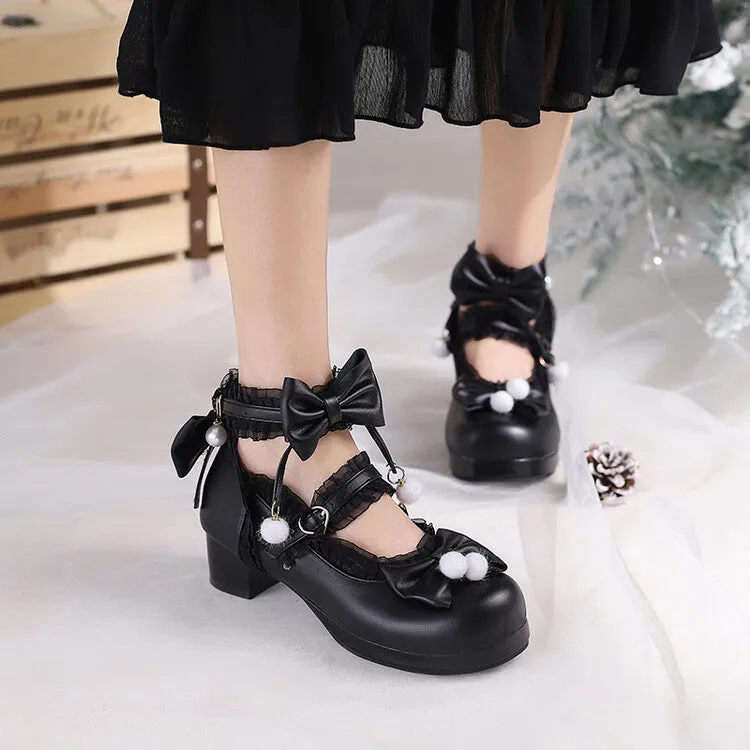 Women Bow Tie Ankle Strap Chunky Heel Pumps